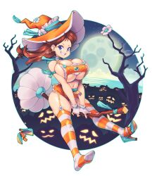  1girl blue_footwear breasts broom broom_riding brown_hair bursting_breasts choker cleavage costume earrings fingerless_gloves full_body full_moon garter_straps gloves grin halloween halloween_costume hat high_heels highres huge_breasts jack-o&#039;-lantern jewelry large_breasts long_hair looking_at_viewer mario_(series) miniskirt moon navel night night_sky nintendo orange_hat orange_thighhighs princess_daisy revealing_clothes shoes single_shoe skirt sky smile solo star_(sky) starry_sky striped_clothes striped_thighhighs supersatanson teeth thighhighs transparent_background tree underboob white_gloves white_thighhighs witch_hat  rating:Questionable score:34 user:DarkToonLink
