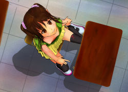  1girl breasts brose brown_eyes brown_hair chair cleavage closed_mouth desk downblouse extended_downblouse from_above hair_ornament hair_scrunchie loli looking_at_viewer looking_up medium_hair nipple_slip nipples no_bra on_chair original school school_chair school_desk scrunchie shadow sitting small_breasts solo thighhighs twintails 