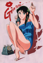  1girl arms_up black_hair blue_eyes breasts china_dress chinese_clothes cleavage dress elbow_gloves giant_robo ginrei_(giant_robo) gloves green_hair long_hair medium_breasts naked_towel official_art phone scan sitting smile solo towel  rating:Sensitive score:6 user:danbooru