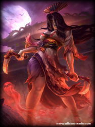  1girl black_hair breasts cleavage izanami_(smite) japanese_clothes large_breasts long_hair smite yellow_eyes  rating:Questionable score:10 user:ynwuio4h