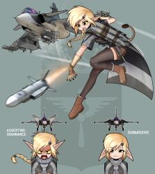  1girl absurdres aircraft airplane ammunition_belt angry black_thighhighs blonde_hair braid brown_footwear brown_gloves brown_shorts canards english_text fighter_jet fingerless_gloves frown full_body gloves highres jet looking_at_viewer midriff military_vehicle missile multiple_views original pandramodo pointy_ears ponytail saab_gripen short_sleeves shorts solo standing thighhighs yellow_eyes 