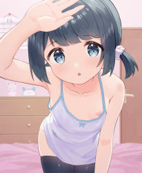  1girl all_fours arm_up armpits bed bedroom bent_over black_hair black_thighhighs blue_bow blue_eyes bow breasts calendar camisole clock commentary_request door downblouse drawer female_focus hand_on_own_head hand_up highres indoors loli looking_at_viewer low_twintails makigai makino_yuna nipple_slip nipples open_mouth original paid_reward_available panties scrunchie short_hair short_twintails small_breasts solo stuffed_animal stuffed_rabbit stuffed_toy thighhighs thighs twintails underwear underwear_only white_camisole white_panties  rating:Questionable score:555 user:danbooru