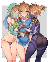 3boys alternate_costume ass blue_eyes blush bodysuit brown_hair bulge covered_erect_nipples crossdressing detached_sleeves gerudo_set_(zelda) hair_bun hair_ornament hairpin highres link male_focus mask mouth_mask mouth_veil multiple_boys multiple_persona ninja_mask nintendo no_pants official_alternate_costume open_mouth pointy_ears simple_background single_hair_bun stealth_set_(zelda) stomach the_legend_of_zelda the_legend_of_zelda:_breath_of_the_wild thigh_gap thong trap tubumi veil rating:Questionable score:418 user:danbooru