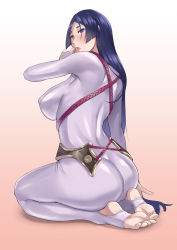 1girl ass back blue_eyes blue_hair bodysuit breasts bridal_gauntlets fate/grand_order fate_(series) feet from_behind full_body gradient_background highres large_breasts long_hair looking_at_viewer looking_back minamoto_no_raikou_(fate) open_mouth parted_bangs purple_bodysuit rope seiza shimenawa sitting skin_tight solo stirrup_legwear toeless_legwear very_long_hair yonoki rating:Questionable score:94 user:danbooru
