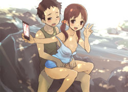 1boy 1girl blush breasts brown_eyes brown_hair cellphone child_on_child clothed_sex dress flat_chest girl_on_top hair_bobbles hair_ornament happy_sex hetero kurusu_tatsuya loli long_hair low_twintails nipples one_eye_closed open_mouth original phone reverse_cowgirl_position reverse_upright_straddle selfie sex sex_from_behind shota sitting sitting_on_lap sitting_on_person small_areolae small_breasts small_nipples smile straddling sweat twintails v vaginal wink rating:Explicit score:389 user:danbooru