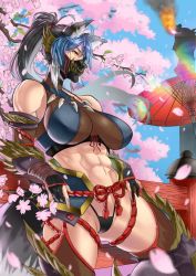  1girl abs anima_(togashi) armor black_hair blue_hair capcom closed_mouth gauntlets gloves hair_ornament highres long_hair looking_at_viewer mask monster_hunter_(series) monster_hunter_rise multicolored_hair muscular muscular_female panties ponytail solo thighhighs two-tone_hair underwear  rating:Sensitive score:106 user:danbooru