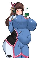  1girl alternate_body_size alternate_breast_size blue_bodysuit blush bodysuit breasts brown_eyes brown_hair can commentary covered_erect_nipples covered_navel cowboy_shot d.va_(overwatch) drink drink_can english_commentary gloves headphones heart highres holding holding_can holding_drink huge_breasts long_hair mountain_dew noiretox overwatch parted_lips plump shoulder_pads simple_background skin_tight solo thick_thighs thighs white_background white_gloves 