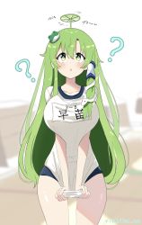  1girl alternate_costume artist_name blush breasts buruma commentary_request frog_hair_ornament gr green_eyes green_hair hair_ornament helicopter_hair highres kochiya_sanae large_breasts long_hair looking_up richika_na shiny_skin shirt snake_hair_ornament solo thighs touhou triangle_mouth white_shirt 