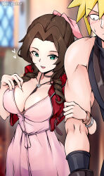  1boy 1girl absurdres aerith_gainsborough alternate_breast_size blurry blurry_background bolo_tie breasts brown_hair cleavage cloud_strife cropped_jacket dress final_fantasy final_fantasy_vii final_fantasy_vii_remake highres jrpulse large_breasts locked_arms long_dress looking_at_another love_triangle open_mouth pink_dress smile spiked_hair teeth upper_teeth_only 