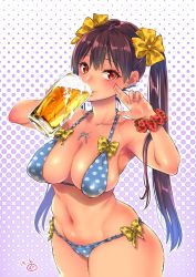  1girl alcohol bad_id bad_twitter_id bare_shoulders beer beer_mug bikini blue_bikini blush bow bow_bikini bow_swimsuit breasts brown_eyes brown_hair cleavage collarbone commentary_request cowboy_shot cup dated drinking earrings eyelashes fingernails groin guri_(bluedrop) hair_bow hands_up highres holding holding_cup jewelry large_breasts legs_together long_hair looking_at_viewer mug nail_polish navel necklace original pink_nails polka_dot polka_dot_bikini polka_dot_bow polka_dot_swimsuit scrunchie side-tie_bikini_bottom sidelocks signature skindentation solo standing stomach strap_gap stud_earrings swimsuit twintails very_long_hair w wrist_scrunchie yellow_bow 