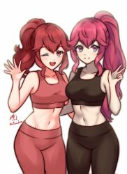  2girls ;d anna_(fire_emblem) bare_arms bare_shoulders black_pants commentary cowboy_shot crop_top dual_persona english_commentary extra_digits fire_emblem highres leggings long_hair looking_at_viewer midriff multiple_girls navel nintendo one_eye_closed open_mouth pants ponytail purple_eyes red_eyes red_hair red_pants rotomdocs simple_background smile sports_bra standing stomach thighs very_long_hair w white_background 