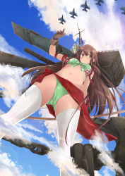 10s 1girl adapted_costume aircraft airplane akagi_(kancolle) bikini blue_sky bow_(weapon) breasts brown_eyes brown_hair chain cloud commentary_request cowboy_shot crotch day fighter_jet flight_deck from_below gatling_gun gloves green_bikini gun jet kantai_collection legs_apart long_hair military military_vehicle navel outdoors partially_fingerless_gloves partly_fingerless_gloves quiver sarong sky small_breasts solo stomach string_bikini swimsuit thighhighs weapon white_thighhighs yugake yumesato_makura rating:Questionable score:4 user:danbooru
