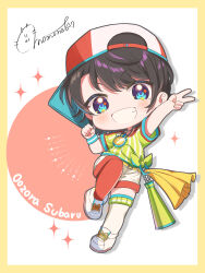  1girl :d asymmetrical_legwear baseball_cap black_hair blue_eyes character_name chibi chibi_only commentary_request full_body grin hat highres hololive looking_at_viewer loose_clothes loose_shirt megaphone mismatched_legwear momone_cco oozora_subaru oozora_subaru_(1st_costume) open_mouth oversized_clothes oversized_shirt red_hat red_thighhighs shirt shoes short_hair short_sleeves shorts sideways_hat signature smile sneakers solo stopwatch striped_clothes striped_shirt swept_bangs t-shirt thighhighs tied_shirt two-tone_headwear two-tone_shirt v v-shaped_eyebrows vertical-striped_clothes vertical-striped_shirt virtual_youtuber watch white_footwear white_shirt white_shorts white_thighhighs wristband yellow_shirt 