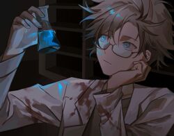  1boy blood blood_on_clothes blue_eyes closed_mouth commentary erlenmeyer_flask feiyingliaoluan-haruto flask glasses grey_hair grey_shirt highres holding holding_flask kanou_aogu lab_coat long_sleeves male_focus open_clothes saibou_shinkyoku semi-rimless_eyewear shirt solo symbol-only_commentary 