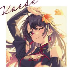  1girl bare_shoulders black_dress black_hair blush border breasts character_name china_dress chinese_clothes cleavage cleavage_cutout closed_mouth clothing_cutout commission dress earrings falling_leaves highres holding holding_leaf jewelry large_breasts leaf long_hair long_sleeves looking_at_viewer maple_leaf moya_(toatomoot) off-shoulder_dress off_shoulder one_eye_closed original parted_bangs portrait red_eyes sidelocks smile solo tassel tassel_earrings white_border 
