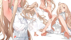  1girl absurdly_long_hair ahoge armpits arms_up artist_name bare_legs barefoot brown_eyes brown_hair closed_mouth dress feet hair_between_eyes highres legs long_hair looking_at_viewer no_shoes patreon_logo patreon_username sense_(sousou_no_frieren) sitting soles solo sousou_no_frieren standing sydus toes very_long_hair white_dress  rating:Sensitive score:69 user:danbooru