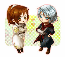 1boy 1girl blue_eyes bracelet brown_eyes capcom cast coat couple devil_may_cry devil_may_cry_(series) devil_may_cry_4 dress jewelry kyrie long_hair nero_(devil_may_cry) orange_hair ponytail pukapuka_(pixiv1577280) short_hair silver_hair trench_coat