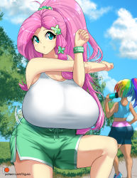 2girls amano_cigusa ass big_hair bike_shorts blue_eyes blue_shirt breasts butterfly_hair_ornament fluttershy gigantic_breasts hair_ornament highres huge_breasts impossible_clothes long_hair multicolored_hair multiple_girls my_little_pony my_little_pony:_friendship_is_magic nail_polish outdoors parted_lips pink_hair ponytail rainbow_dash shirt shorts sky standing tank_top tree white_shirt rating:Questionable score:102 user:DarkToonLink