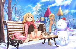  2girls annindoufu_(oicon) bench blonde_hair cleft_of_venus closed_eyes exhibitionism full_cleft futaba_anzu highres idolmaster idolmaster_cinderella_girls layla_(idolmaster) loli multiple_girls no_panties nude_filter outdoors peeing playground public_indecency pussy snow snowman thighhighs third-party_edit uncensored 