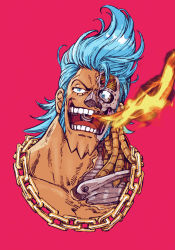 1boy blue_eyes blue_hair chain_necklace commentary_request cropped_torso cyborg damaged fire franky_(one_piece) hair_strand hashi84e highres injury jewelry long_sideburns male_focus mechanical_parts necklace one_piece pink_background short_hair sideburns smile solo  rating:General score:5 user:danbooru