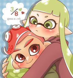 1boy 1girl agent_3_(splatoon) agent_8_(splatoon) artist_name blue_background blush closed_mouth commentary_request date_pun dated green_eyes green_hair heart hood hoodie hug inkling inkling_girl inkling_player_character long_hair marie_cnh mohawk nintendo number_pun octoling octoling_boy octoling_player_character pointy_ears red_eyes red_hair red_hoodie short_hair splatoon_(series) splatoon_1 splatoon_2 splatoon_2:_octo_expansion tentacle_hair thick_eyebrows twitter_username upper_body