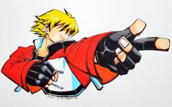 1boy artist_name blonde_hair clenched_hand dated faceless faceless_male fatal_fury fingerless_gloves garou:_mark_of_the_wolves gloves highres index_finger_raised jacket open_clothes open_jacket rock_howard short_hair smile snk solo the_king_of_fighters traditional_media