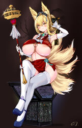  1girl absurdres animal_ears areola_slip blonde_hair blue_footwear blush breasts crop_top crossed_legs fox_ears fox_girl fox_tail hand_up highres hirume_of_heavenly_incense holding holding_staff huge_breasts kitsune kyuubi last_origin long_hair looking_at_viewer maid_headdress multiple_tails no_panties oshiokitime revealing_clothes side_slit sitting slit_pupils smile solo staff tail thighhighs underboob white_thighhighs yellow_eyes  rating:Questionable score:15 user:danbooru