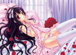  1boy bed black_hair bow bulge crossdressing flower hair_bow indoors kohachi_honey lingerie long_hair lying male_focus navel nipples off_shoulder on_back open_mouth original panties petals pillow red_eyes ribbon solo thighhighs trap underwear white_thighhighs  rating:Questionable score:78 user:BlueBaroness