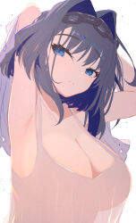  1girl alternate_costume armpits arms_behind_head black_hair blue_eyes blue_hair breasts camisole chain chain_headband cleavage closed_mouth colored_inner_hair hair_intakes hashtag-only_commentary highres holly_(ruptonotty) hololive hololive_english large_breasts light_blush looking_at_viewer multicolored_hair ouro_kronii see-through short_hair simple_background solo split_mouth two-tone_hair upper_body virtual_youtuber white_background white_camisole white_veil 