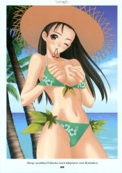 1girl beach bikini black_hair grabbing_another&#039;s_breast breasts brown_eyes covering_privates covering_breasts day grabbing green_bikini hat highres medium_breasts mouth_hold one_eye_closed palm_tree solo straw_hat swimsuit tony_taka tree wink rating:Questionable score:11 user:danbooru