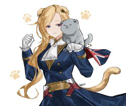  1girl :3 absurdres animal animal_ears animal_on_shoulder ascot azur_lane blonde_hair blue_dress blue_eyes breasts cat cat_ears cat_tail commentary dress english_commentary gloves highres hood_(azur_lane) long_dress looking_at_viewer medium_breasts no_headwear paw_pose paw_print scottish_fold signature simple_background solo tail union_jack_print white_ascot white_background white_gloves yazu_(zoddiacz)  rating:General score:3 user:danbooru