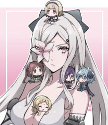  5girls between_breasts black_bow black_hairband blonde_hair blue_hair blue_scarf blunt_bangs bob_cut book bow braid braided_bangs breasts brown_hair capelet chibi closed_eyes closed_mouth collarbone detached_sleeves drag-on_dragoon drag-on_dragoon_3 dress facial_mark five_(drag-on_dragoon) flower flower_over_eye forehead_mark four_(drag-on_dragoon) gradient_background green_eyes hair_bow hair_ornament hairband hairclip large_breasts long_hair miichinori mini_person multiple_girls one_(drag-on_dragoon) open_mouth pink_background pink_eyes purple_eyes red_eyes scarf short_hair sidelocks sleeveless sleeveless_dress three_(drag-on_dragoon) twintails two_(drag-on_dragoon) upper_body white_capelet white_dress white_hair zero_(drag-on_dragoon) 