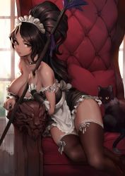 1girl apron black_hair breasts broom cat chair cleavage dark_skin dark-skinned_female female_focus french_maid_nidalee league_of_legends maid maid_headdress nidalee oopartz_yang ponytail skirt solo thighhighs yellow_eyes rating:Sensitive score:89 user:twilight_jester