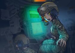  1girl 1other black_hair breasts brown_hair camouflage colored_inner_hair combat_helmet commentary commission erica_(naze1940) goggles goggles_on_headwear headphones headset helmet highres holding insignia interior jumpsuit long_sleeves looking_at_viewer medium_breasts microphone military military_uniform military_vehicle monitor motor_vehicle multicolored_hair multiple_monitors name_tag night_vision open_mouth orange_hair original overalls partially_unzipped patch screen screen_light short_hair shoulder_patch sitting soldier tank tank_cupola tank_helmet tank_interior teeth tongue two-tone_hair uniform unit_patch united_states_army upper_teeth_only vehicle_interior yellow_eyes zipper zipper_pull_tab 