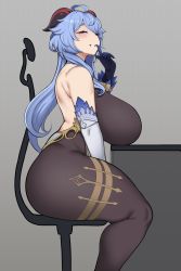 1girl alternate_breast_size ass backless_outfit bare_shoulders bell black_bodysuit blue_hair blush bodice bodysuit breast_rest breasts breasts_on_table chair chamchami cowbell curvy desk detached_sleeves dildo dildo_reveal female_masturbation ganyu_(genshin_impact) genshin_impact goat_horns grin half-closed_eyes highres horns horse_dildo huge_breasts huge_dildo implied_masturbation implied_penetration long_hair looking_at_viewer lying masturbation naughty_face office_chair on_desk open_mouth plump purple_eyes raised_eyebrows sex_toy sitting smile smug solo swivel_chair thick_eyebrows thick_thighs thighs vaginal rating:Explicit score:434 user:danbooru