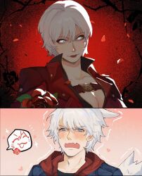  1boy 1girl age_difference aunt_and_nephew blue_eyes blush breasts cleavage coat dante_(devil_may_cry) devil_may_cry devil_may_cry_(series) devil_may_cry_4 embarrassed flower genderswap genderswap_(mtf) highres holding jacket large_breasts lipstick makeup male_focus mature_female nero_(devil_may_cry) open_mouth red_coat red_flower red_lips red_rose rose smile trench_coat uncle_and_nephew white_hair 