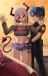  2girls arrest bandage_on_face bandages black_nails blue_hair bra breasts bright_pupils car cellphone cigarette_butt crop_top cutoffs demon_girl demon_horns demon_tail earrings fangs fingerless_gloves fingernails fishnet_pantyhose fishnets gloves hand_on_another&#039;s_hip hands_up highres horns jewelry ji-yoon_(jourd4n) jourd4n long_hair looking_at_another midriff motor_vehicle multiple_girls multiple_rings nail_polish navel off_shoulder orange_sky original outdoors pants panty_straps pantyhose phone pink_eyes pointy_ears police police_badge police_uniform policewoman ponytail profanity rayzel_(jourd4n) ring see-through short_shorts shorts sky small_breasts smartphone smile standing sunglasses tail unamused underwear uniform white_hair white_pupils yuri 