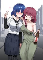  2girls absurdres alcohol armpit_crease blue_hair bocchi_the_rock! bottle braid braided_ponytail breast_press breasts closed_eyes clothes drunk embarrassed futa_with_female futanari grabbing grabbing_another&#039;s_breast happy heart highres hiroi_kikuri large_penis looking_at_viewer medium_breasts molestation multiple_girls open_mouth penis pigkaboo ponytail smile v yamada_ryo yellow_eyes 