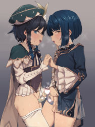  2boys androgynous bee_(deadflow) black_hair blue_eyes blue_hair braid breath censored clothes_pull condom condom_on_penis cowboy_shot frottage genshin_impact grey_background hat heart heart_censor highres holding_hands looking_at_viewer multiple_boys open_mouth pants pants_pull penis penises_touching shota sidelocks smile sweat tagme trap trap_on_trap twin_braids venti_(genshin_impact) xingqiu_(genshin_impact) yaoi yellow_eyes  rating:Explicit score:177 user:buster2222