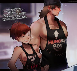  1boy 1girl absurdres aragaki_shinjirou bare_arms bare_shoulders bishounen black_hat blush breasts brown_hair chest_hair closed_eyes collarbone commentary english_commentary fluffydango hat highres indoors long_hair looking_to_the_side muscular muscular_male nipples persona persona_3 ponytail shiomi_kotone small_breasts smile speed_lines tank_top 