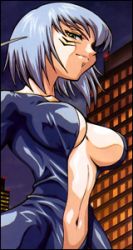  1girl black_bodysuit black_eyes blue_suit bodysuit breasts building claws cleavage collarbone facial_mark green_eyes large_breasts looking_at_viewer lowres navel night short_hair sky skyscraper smile standing suit upper_body white_hair  rating:Questionable score:5 user:takala