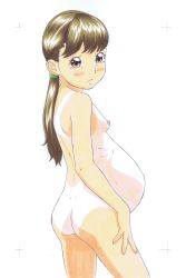  1girl absurdres ass blush breasts brown_hair from_behind hayashibara_hikari highres loli looking_at_viewer nude pregnant small_breasts tan tanline uncensored  rating:Explicit score:65 user:zirconian