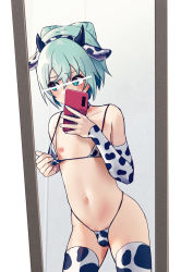 1boy androgynous animal_ears animal_print bikini bikini_pull blue_eyes blue_hair blue_nails bulge cellphone censored clothes_pull cow_ears cow_horns cow_print detached_sleeves fake_animal_ears fake_horns highleg highleg_bikini holding holding_phone horns identity_censor looking_away male_focus mirror nail_polish navel nipples original penis penis_peek phone pointless_censoring print_bikini print_thighhighs reflection roobababa selfie short_hair smartphone solo swimsuit thighhighs trap virtual_youtuber yoruhachi rating:Explicit score:140 user:ponekad