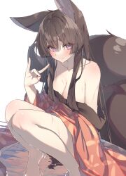 1girl animal_ears bare_shoulders barefoot blush breasts brown_hair closed_mouth fox_ears fox_girl fox_shadow_puppet fox_tail hair_censor highres japanese_clothes kimono long_hair looking_at_viewer medium_breasts multiple_tails off_shoulder original pink_eyes red_kimono shiro_youduki sidelocks sitting solo tail water wet wet_clothes wet_hair white_background wide_sleeves  rating:Questionable score:10 user:danbooru