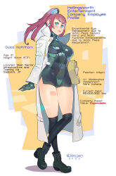  1girl absurdres aqua_eyes bandaid bandaid_on_leg black_footwear black_thighhighs boots breasts character_name commentary commission cyberpunk earrings english_commentary english_text folder glasses high_ponytail highres holding holding_folder jewelry large_breasts long_hair long_legs mechanical_hands norasuko original over-kneehighs purple_hair rimless_eyewear side_slit solo standing thighhighs unitard 