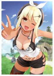 1girl alternate_costume alternate_hair_color atelier_(series) atelier_ryza atelier_ryza_1 beret bikini_tan black_hat black_shorts black_thighhighs blonde_hair blush border breasts brown_eyes cleavage cloud collarbone cowboy_shot day ex_idol fingernails gyaru hair_ornament hairclip hat heart heart_tattoo highres jewelry large_breasts leaning_forward lens_flare long_fingernails long_hair nail_polish navel_piercing necklace one_eye_closed open_mouth outdoors outstretched_arm pendant piercing pink_nails pubic_tattoo reisalin_stout short_hair short_shorts shorts skindentation sleeveless solo star_(symbol) star_necklace tan tanline tattoo thighhighs tongue tongue_out tree w white_border rating:Sensitive score:57 user:danbooru