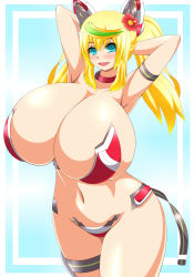 1girl 60 arm_behind_head armlet armpits arms_behind_head bikini blonde_hair blue_eyes blush breasts choker collar curvy female_focus gene_(pso2) green_hair groin headgear highres huge_breasts long_hair long_twintails looking_at_viewer multicolored_hair navel open_mouth phantasy_star phantasy_star_online_2 simple_background smile solo standing swimsuit twintails rating:Questionable score:27 user:Xander