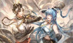  1boy 1girl antlers arknights arm_up arm_wrap armor blue_eyes blue_hair braid braided_ponytail brown_hair chong_yue_(arknights) detached_collar dragon_boy dragon_girl dragon_horns dragon_tail floating_hair gourd grin hands_up highres holding horns ling_(arknights) long_hair looking_at_viewer low_ponytail multicolored_hair necktie outdoors pauldrons pointy_ears red_eyes rerebrace shoulder_armor single_pauldron slit_pupils smile streaked_hair tail upper_body very_long_hair yellow_necktie zzhin3 