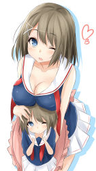 10s 2girls blue_eyes breast_rest breasts breasts_on_head brown_hair cleavage commentary_request hair_ornament hairclip heart highres if_they_mated kantai_collection large_breasts leaning_forward looking_at_viewer maya_(kancolle) mother_and_daughter multiple_girls neckerchief aged_up one_eye_closed open_mouth pleated_skirt revision saku_(kudrove) school_uniform serafuku short_hair simple_background skirt white_background aged_down rating:Sensitive score:11 user:danbooru