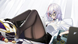  1girl alternate_costume black_bra black_collar black_gloves black_pantyhose blue_eyes bra bra_peek breasts chinese_commentary cleavage coin collar collared_shirt commentary_request critter_pick_(honkai:_star_rail) glasses gloves hair_between_eyes hair_ornament half_gloves highres honkai:_star_rail honkai_(series) knees_up lace lace_bra lanyard large_breasts lingerie long_hair looking_at_object multicolored_hair no_shoes numby_(honkai:_star_rail) pantyhose pillow round_eyewear see-through see-through_shirt shirt sidelocks sitting solo srpzk streaked_hair toes topaz_(honkai:_star_rail) trotter_(honkai:_star_rail) underwear white_hair white_shirt 